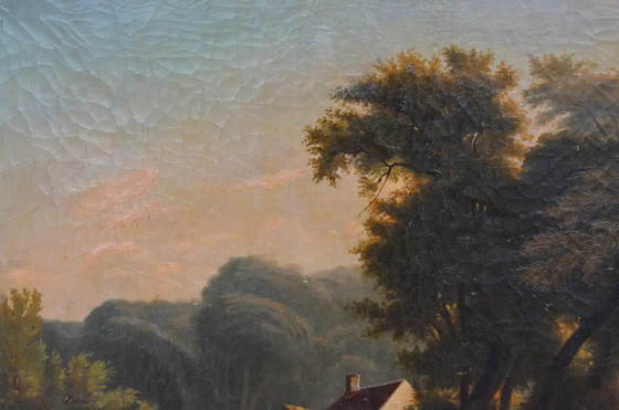19e-eeuwse Franse School – Groot Olieverf op Doek - Geanimeerd Landschap met Cottage (photo 7 of 11)