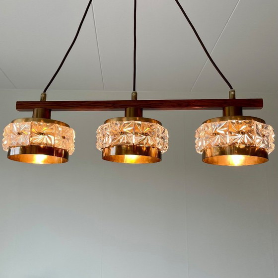 Image 1 of Mid Century, 1960s Carl Fagerlund Attributed teak & Brass Chandelier with Crystal Glass Shades