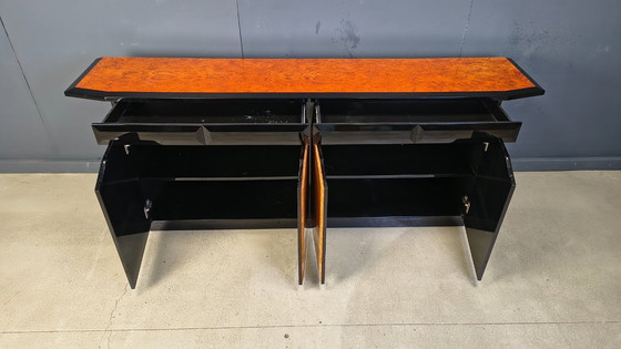 Image 1 of Vintage lacquer and burl wood credenza, 1980s