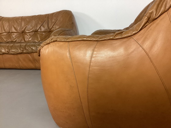 Image 1 of Ensemble de sièges vintage en cuir cognac des années 70, italien et français