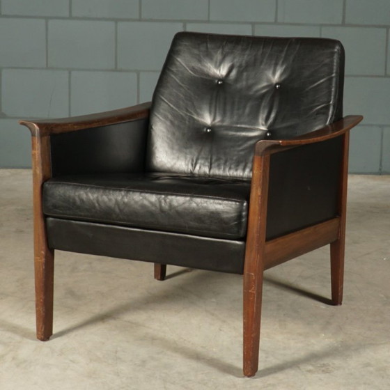Image 1 of Vintage zwart lederen fauteuil – jaren 60