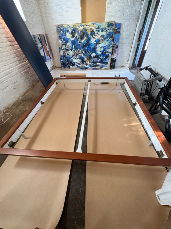 Design bed with wood/leather headboard and frame, Metal, Blue (photo 4 of 6)