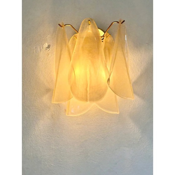 Image 1 of Set van twee eigentijdse, moderne, geschuurde champagnekleurige “Rondini” Murano wandlampen.