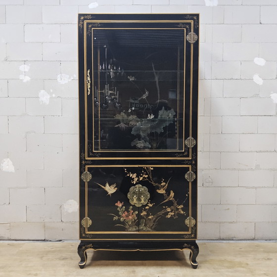 Vetrina cinese vintage con fiori e uccelli / Vetrina bohémien / Mobile asiatico – Vetrine, Wood, Glass (photo 5 of 15)