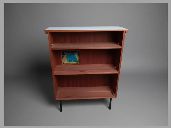 Image 1 of Belgische modernistische thuisbar van teak en staal – toegeschreven aan De Coene, jaren 1950-1960