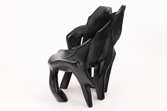 Image 1 of Fauteuil sculptural en bois noir carbonisé aux formes organiques par Logniture