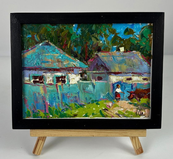 Image 1 of Peinture à l'huile originale, paysage rural, village, retour des champs