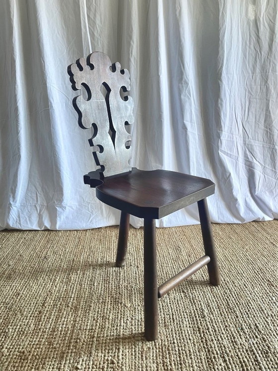 Image 1 of Vintage Brutalist Carved Tripod Stool