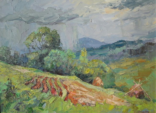 Original Ölgemälde Naturlandschaft Sommer Landschaft Wiesen Hügel Es regnet
