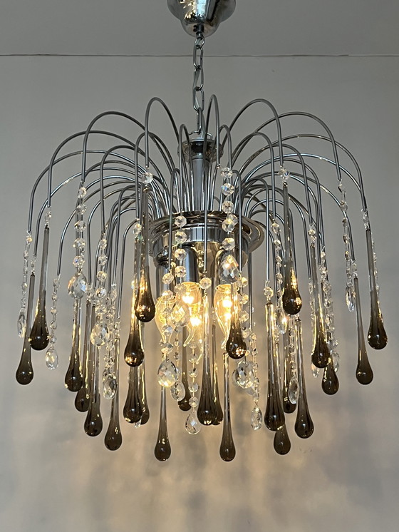 Image 1 of Lampadario a goccia XXL di design con gocce di cristallo e struttura cromata, italiano