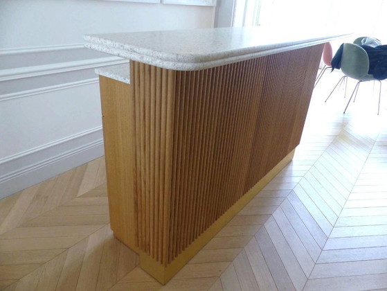 Image 1 of Moderne Bar aus massiver Eiche und doppelter Terrazzo-Arbeitsplatte – Einzigartiges Stück