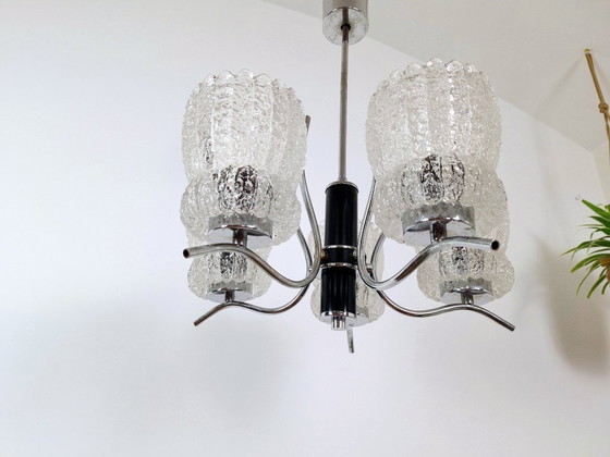 Image 1 of Suspension vintage en cristal, lustre milieu du siècle, Emi Poljcane avec cinq abat-jour en cristal