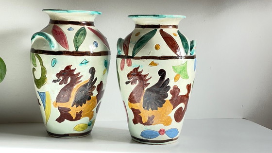 Image 1 of Italian Majolica Vases with Dragon Motif