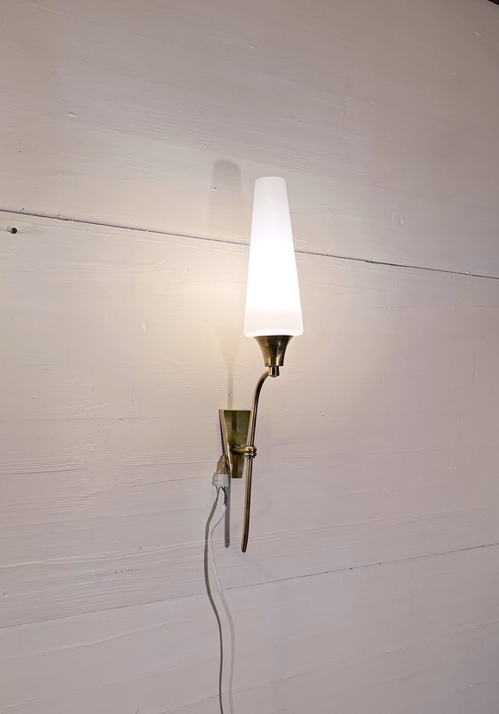 Image 1 of Pair Of Tall Brass And White Opaline Wall Lights, Mid-Century France