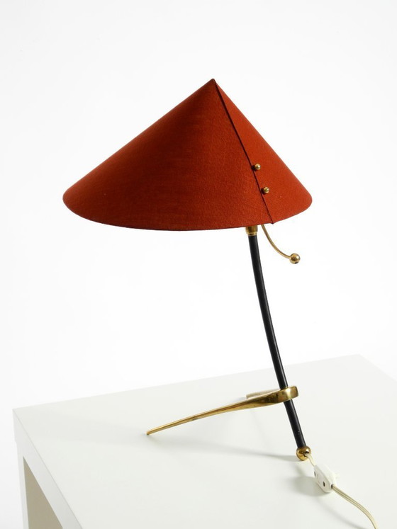 Image 1 of Beautiful, large, original Kalmar Mid-Century Modern tripod brass table lamp with a new fabric shade