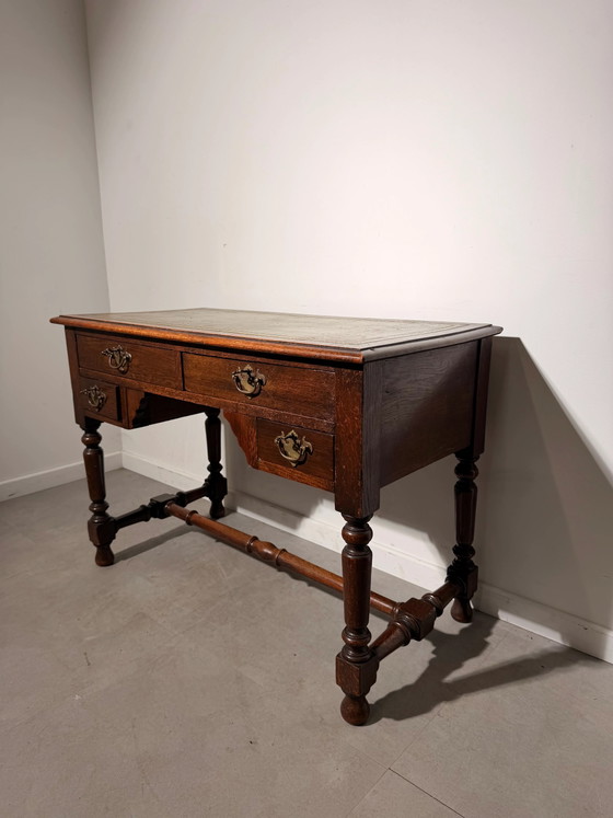 Antique Oak Writing Desk with Green Leather Top and Four Drawers (photo 4 of 6)