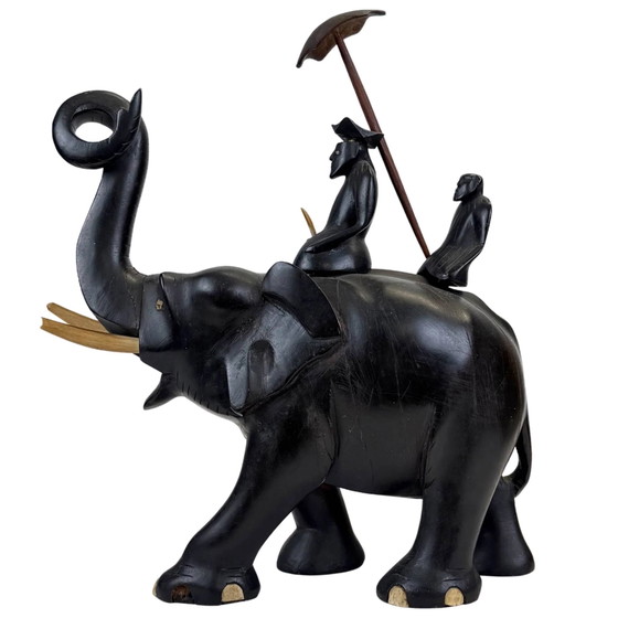 Koloniale Ebbenhouten Olifant Beeldhouwkunst met Mahout – Handgesneden Aziatische Beeldhouwkunst – 32 cm (photo 8 of 10)