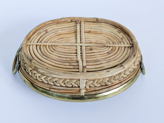 Handgemaakte vintage ovale dienblad van rotan en messing, in de stijl van Gabriella Crespi, Italië, jaren (photo 11 of 17)