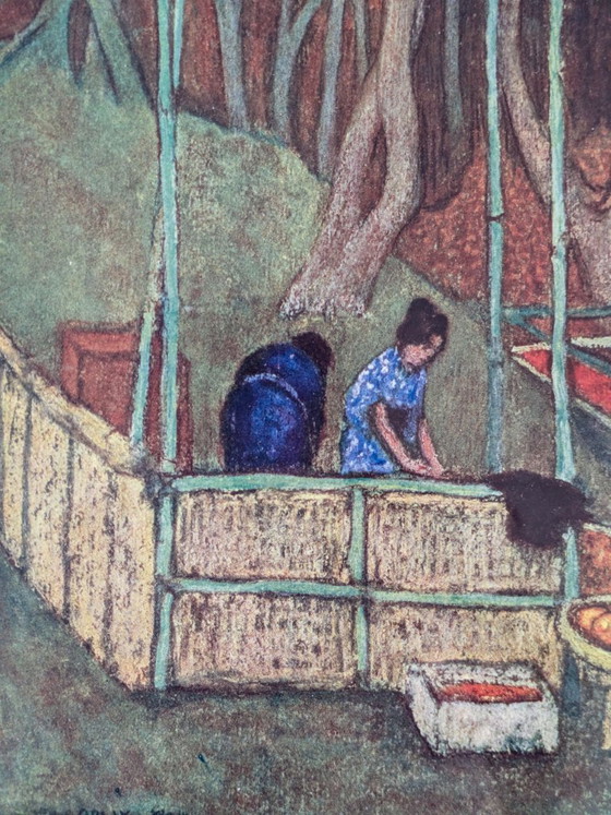 Vintage Framed Oil Pastel Drawing, Asian Garden Scene, Signed And Dated – Paintings & Drawings, Wood (photo 3 of 11)