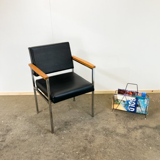 Armchair by Fröscher KG, stainless steel, oak and imitation leather, 1970s