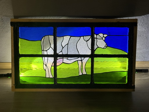 Colorful stained glass window with cow motif - handmade in stable window