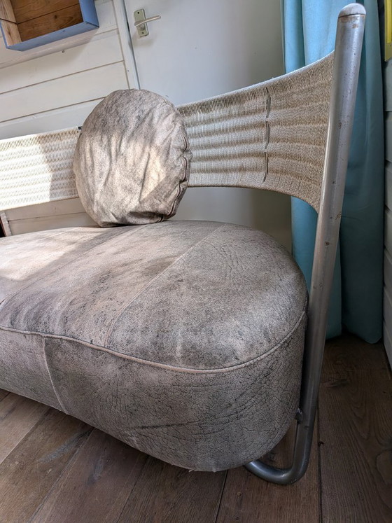 Curved Loveseats with metal frame and woven backrest, Textile, Grey, Modern (photo 8 of 9)