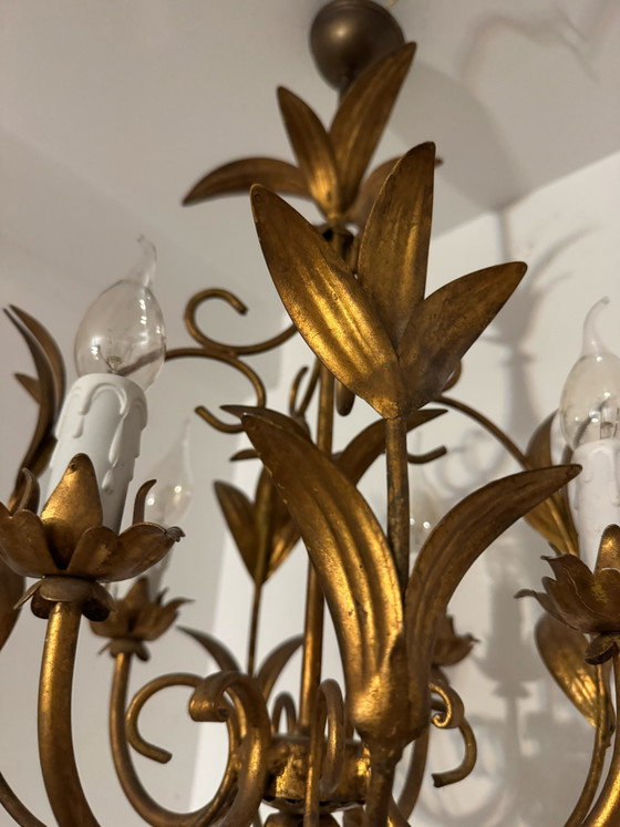 Image 1 of Gouden kroonluchter met palmbladmotief uit de jaren 70