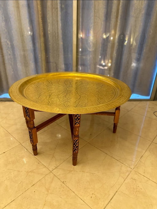 Traditional Moroccan handcrafted gilded table in wood and brass