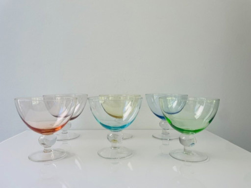 Set di 6 bicchieri da coppa vintage in vetro soffiato a mano multicolore.