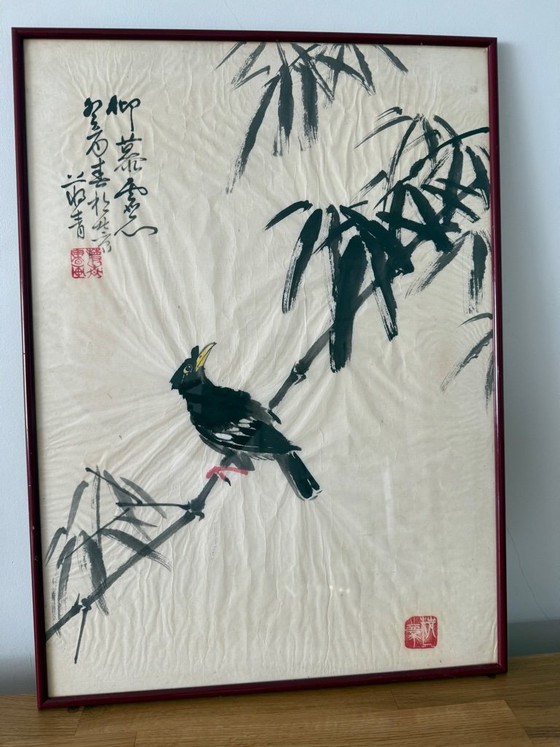 Chinese Ink Painting - Bamboo Bird - 47x64 cm – Paintings & Drawings, Glass, Paper (photo 4 of 9)