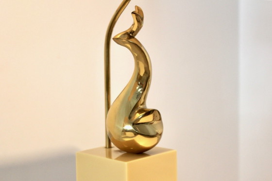 Pair of Exclusive Philippe-Jean Brass Art Sculpture Table Lamps, signed, Marble, Mid Century Modern (photo 13 of 14)