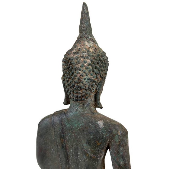 Antieke Thaise Bronzen Boeddha op Lotusvoet – Diepe Patina – Originele Kernvulling – Exportlabel (photo 12 of 14)