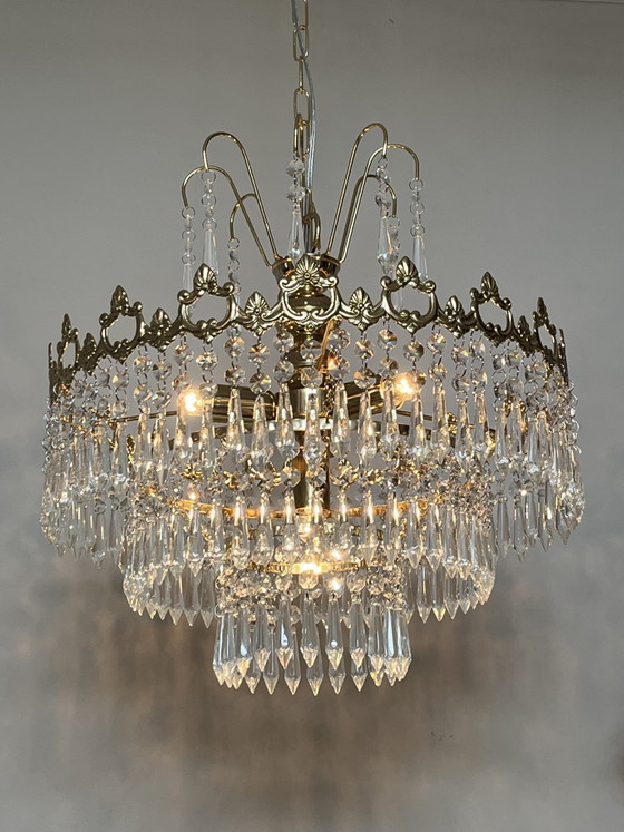 Image 1 of Set of 2 Vintage Italian crystal chandelier pendant lamps with icicle points