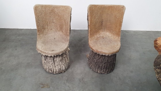 Image 1 of Vintage faux wood cement garden set 4 chairs/table Brutalist 60s France