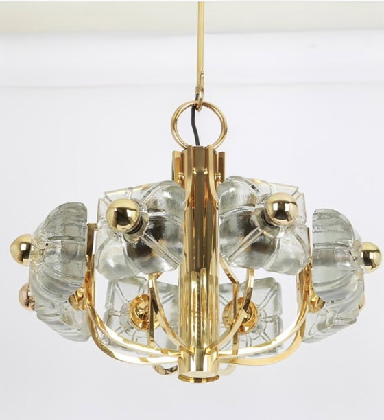 Image 1 of Sische Simon & Schelle chandelier, 8-light, brass, crystal glass, floral design, 1970s