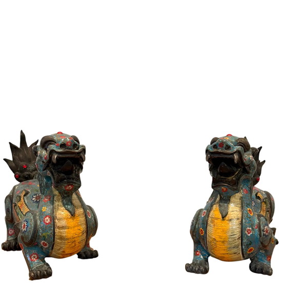 Coppia Monumentale di Pixiu Cinesi Antichi – Bronzo & Cloisonné – Tardo Qing – Sculture, Bronze (photo 2 of 10)
