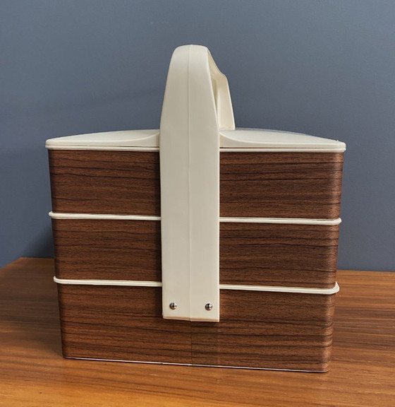 Image 1 of 1970s plastic brown sewing box in original box