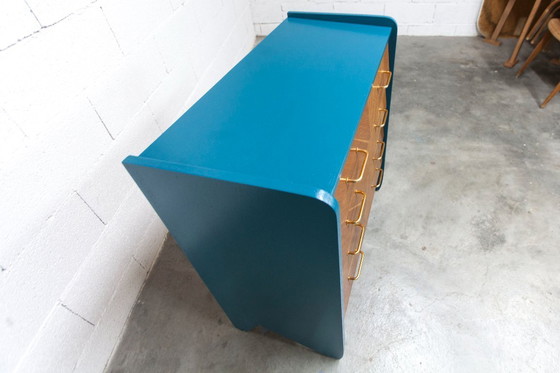 Image 1 of Commode scandinave 1960 atypique bleu Ainhoa Satiné 4 tiroirs
