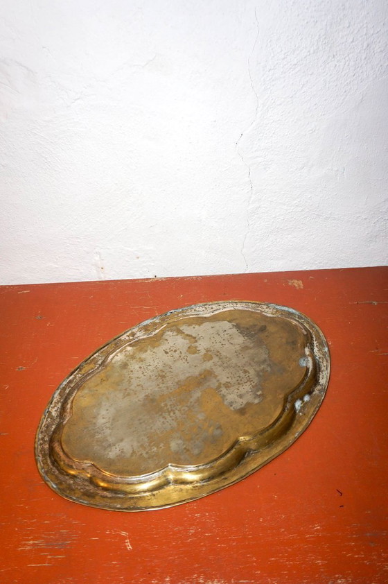 Image 1 of mid-century brass serving tray * large hand-etched oval platter * vintage barware or ottoman tray * 1940s -1960s 