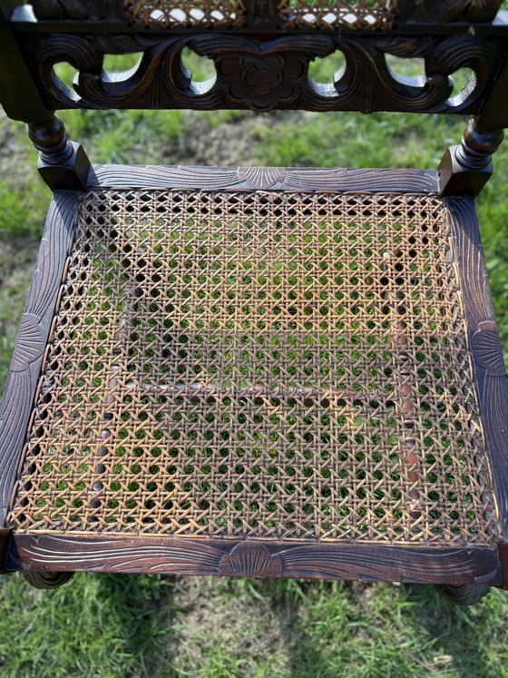 Antique English Carolean Armchair C.1900 – Carved Oak – Cherubs – Cane – Rattan, Wood (photo 8 of 9)