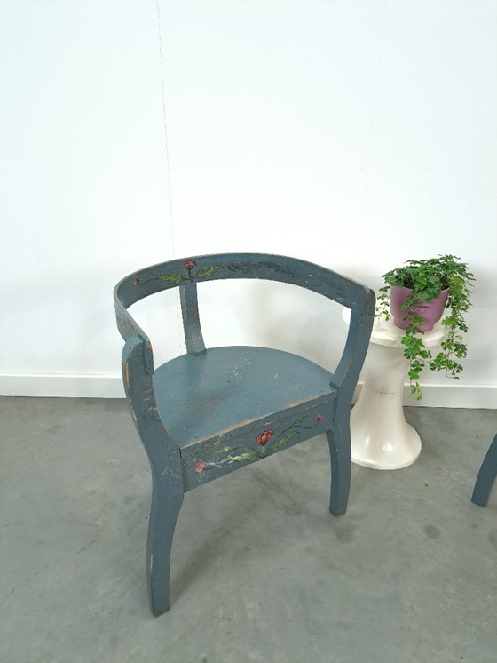 Image 1 of Old wooden blue set of chairs with flowers from Sweden