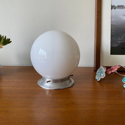 Opaline white glass globe ceiling light, 15 cm, wall light with aluminum mounting base
