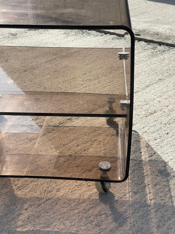 Image 1 of Vintage trolley van gerookt glas op wielen – bijzettafel uit het midden van de 20e eeuw