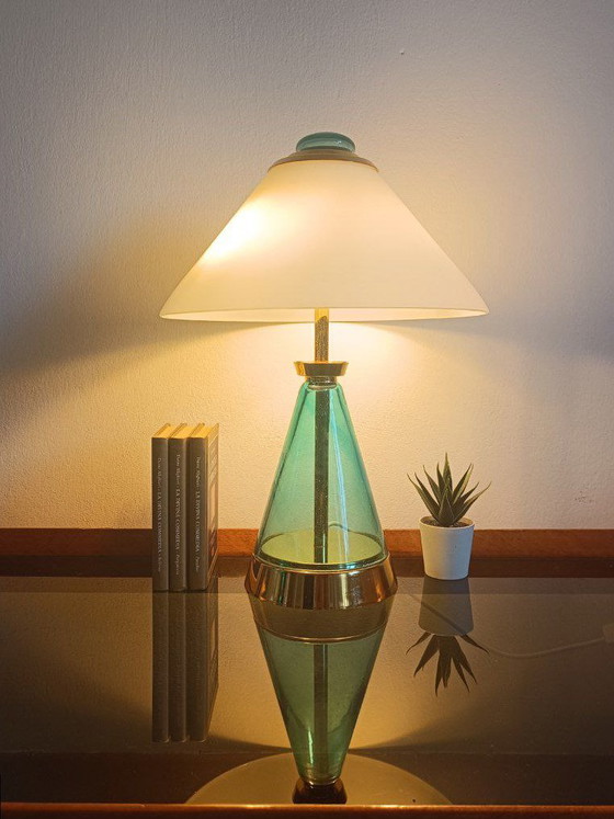 Image 1 of Murano Large Table Lamp Sylcom H 44 cm / 2 Lights Emerald Color New