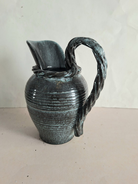 Image 1 of Alexandre de Wemmel ceramics, Heffen, Belgium. Green handmade jug with a twisted handle, 1950s.