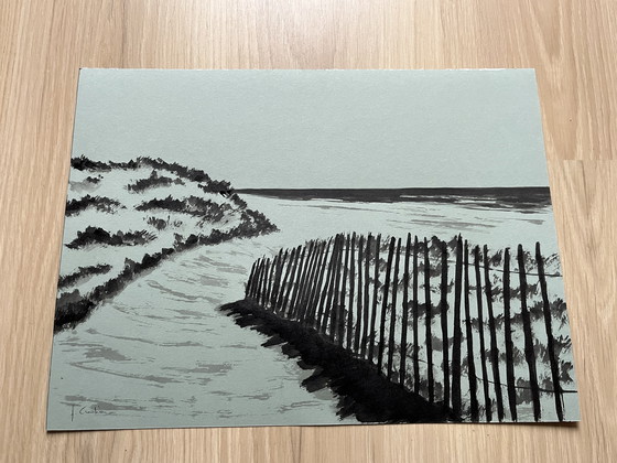 Image 1 of Ink on green-grey paper, 40x30cm.