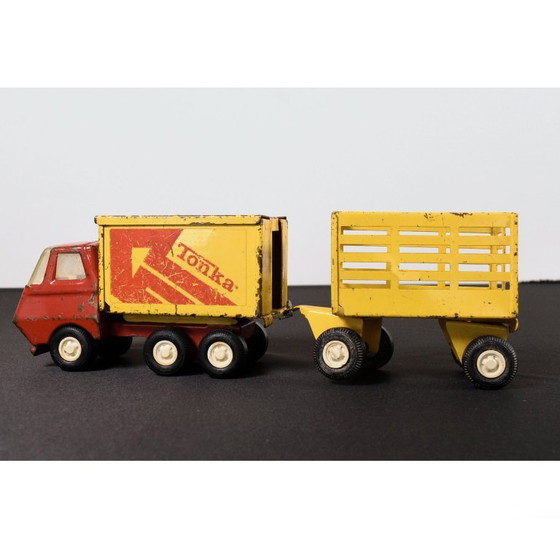 Image 1 of Camion per le consegne in metallo Tonka degli anni '70 con rimorchio e rimorchio agricolo extra