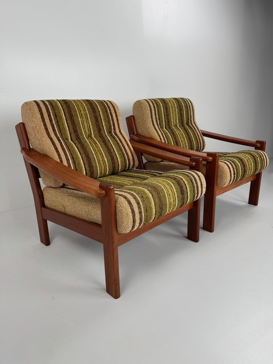 Image 1 of Pair of Danish easy chairs – teak frame with original striped upholstery