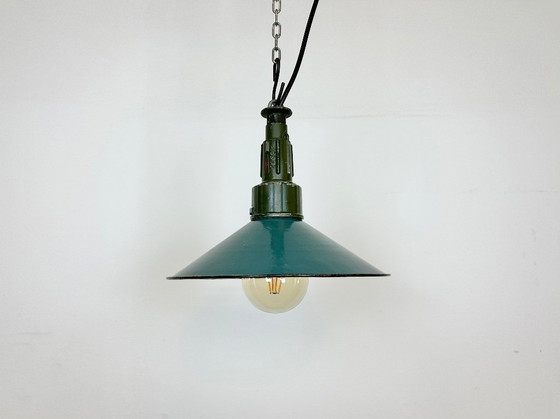 Image 1 of Industrial Petrol Enamel Military Pendant Lamp with Cast Aluminium Top, 1960s