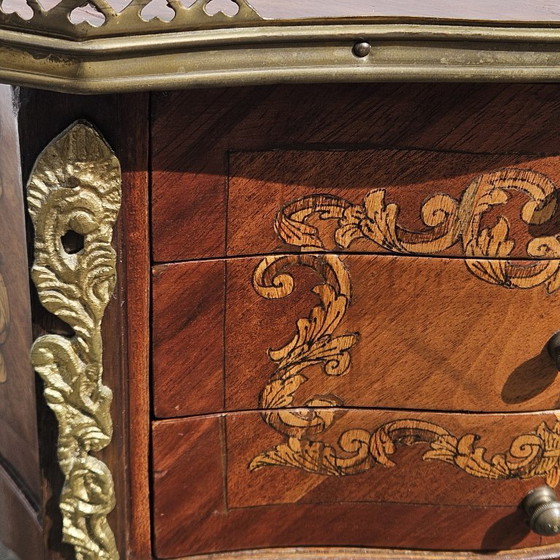 Image 1 of Chateau Ligny - French Antique Marquetry Nightstand - Fine Wood and Brass Console-Bedside Table-Style Louis XV- 1930s